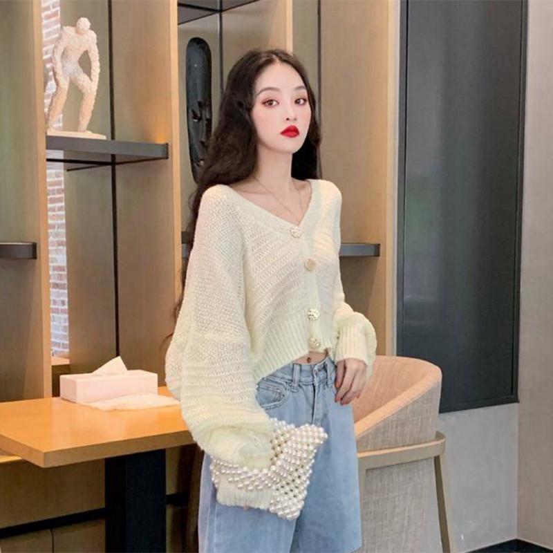 Pofulove lazy wind sweater female loose student wild long-sleeved cardigan hollow knitted jacket
