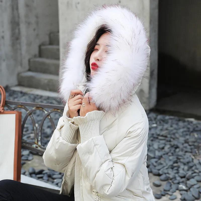 Women's Solid Color Embroidered Down Jacket Mid-length Korean Style Loose Thick Coat Warm Cotton Coat Large Fur Collar Winter Quilted Jacket
