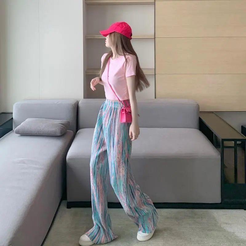 Women Vintage Thin Wide Leg Streetwear Pants Tie Dyed Pleated Straight Pants Loose Versatile Slim Long Pants