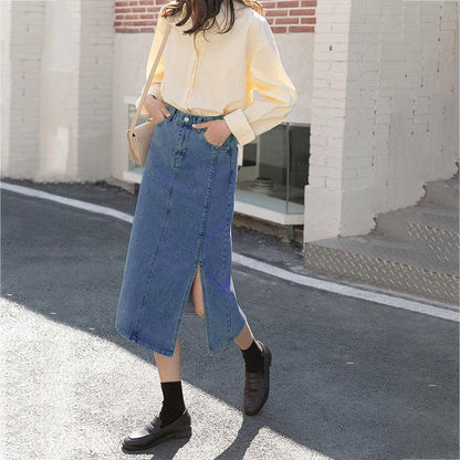 Long Skirt Women Solid Split Denim Skirt High Waist Over The Knee Hip Skirt Casual Club Home Office