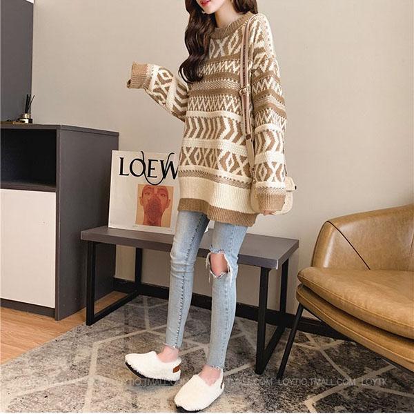 Vintage  Printed Mid-length Thick Sweater Women Loose Casual Knit Sweater Round Neck Pullover Fair Isle Jacquard Sweater