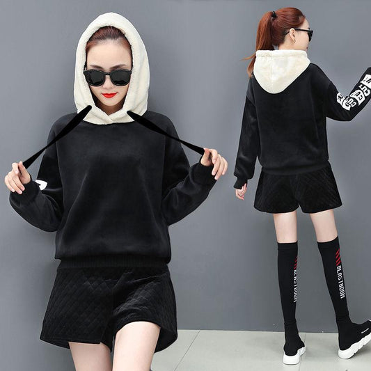 Women's Sweater Winter Fashion Trend Thickening Plus Velvet Warm Hooded Blouse