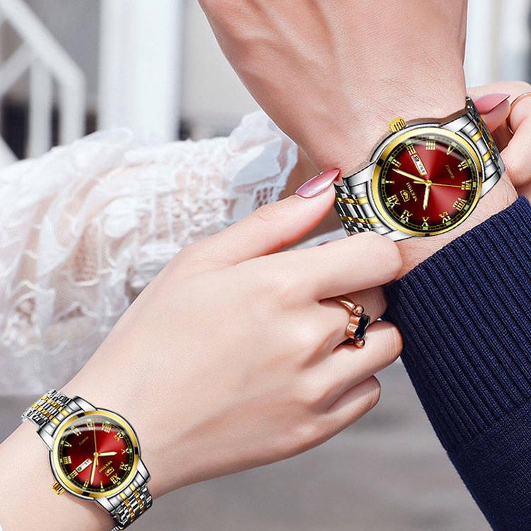 Couple Waterproof Steel Strap Dual Calendar Round Dial Quartz Watch High-end Men Women Jewelry Watch