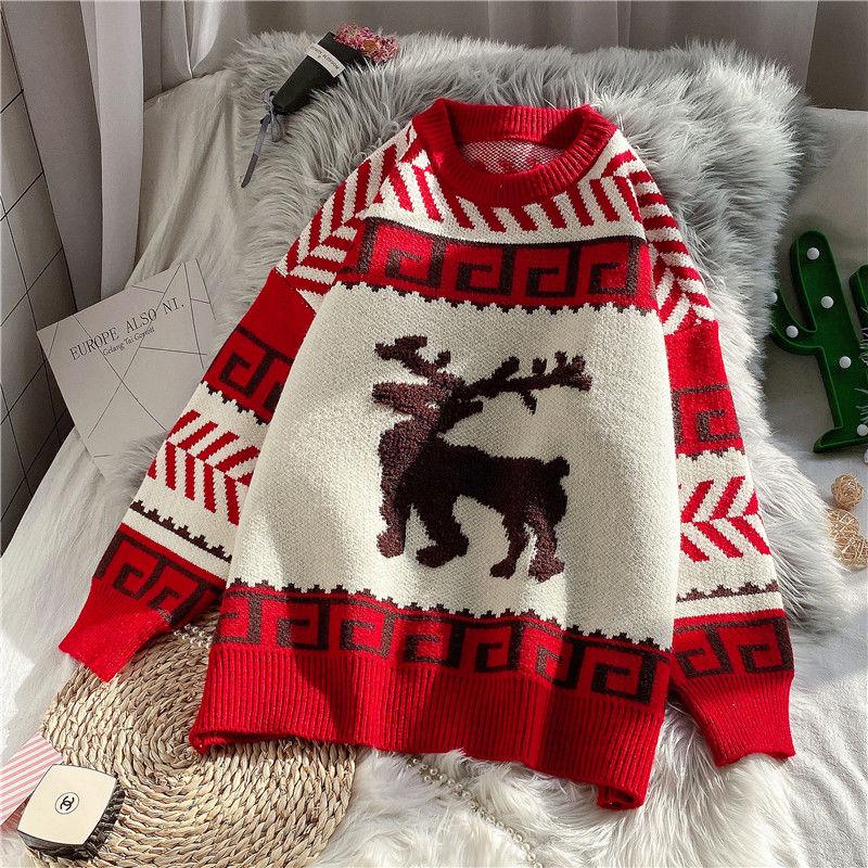 Christmas Sweater Women's Loose Color Matching Cartoon Printed Pullover Knitted Tops