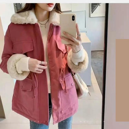 Women's Winter Plus Velvet Thickened Mid-length Cotton Coat Loose Drawstring Korean Style Cotton Coat Jacket Tooling Pie To Overcome Jacket Casual Top