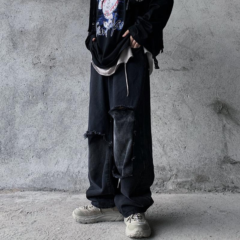 Retro High Street Trend Street Hip-hop Dark Black Washed Frayed Denim Trousers Men