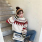 Women's Winter Loose Geometric Pattern Short Sweater O-Neck Retro Contrast Diamond Knitted Pullover