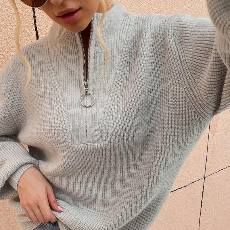 Women Sweater Autumn Tops for Women Solid Zipper V Neck Knitted Sweaters Women Clothing Female