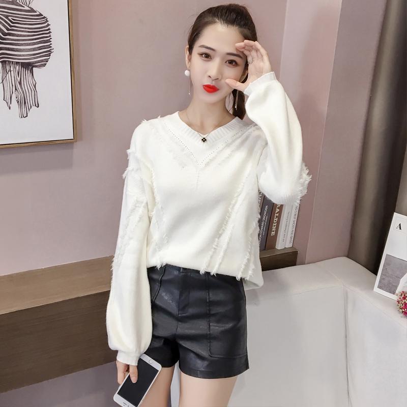 Pofulove Sweater Women's Pullover Autumn and Winter Short V-neck Loose Knit Bottoming Shirt Wild