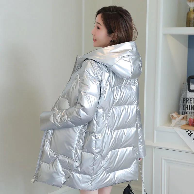 Winter Glossy Down Jacket Korean Thick Hooded Cotton Jacket Solid Color Disposable Mid-length Ladies Down Jacket