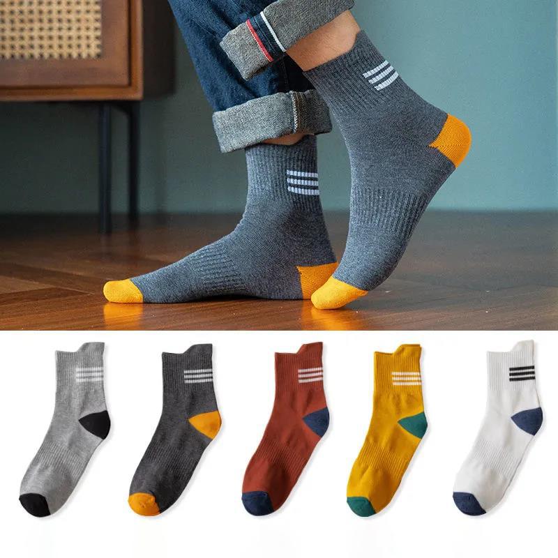 Winter Men's Cotton Tube Socks Fashion Contrast Color Basketball Socks Sweat-absorbent and Warm Socks Five Pairs