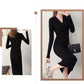 Autumn and Winter Fashion Padded Sweater Skirt Mid-length Over The Knee V-neck Knitted Dress Slim Inner Base Bag Hip Skirt