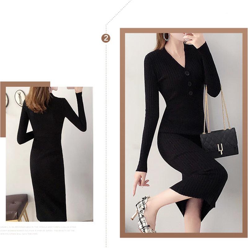 Autumn and Winter Fashion Padded Sweater Skirt Mid-length Over The Knee V-neck Knitted Dress Slim Inner Base Bag Hip Skirt