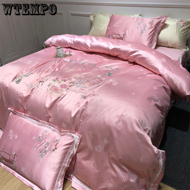 Luxury Satin Egyptian Cotton Bedding Set Solid Color Striped Duvet Cover Flat Sheet King
