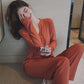 Women's Long Sleeves Pajamas Set Sexy Stripes Kiss-skin V-neck Thin Modal Cotton Elastic Pajama Set Outer Wear Solid Color Home Wear
