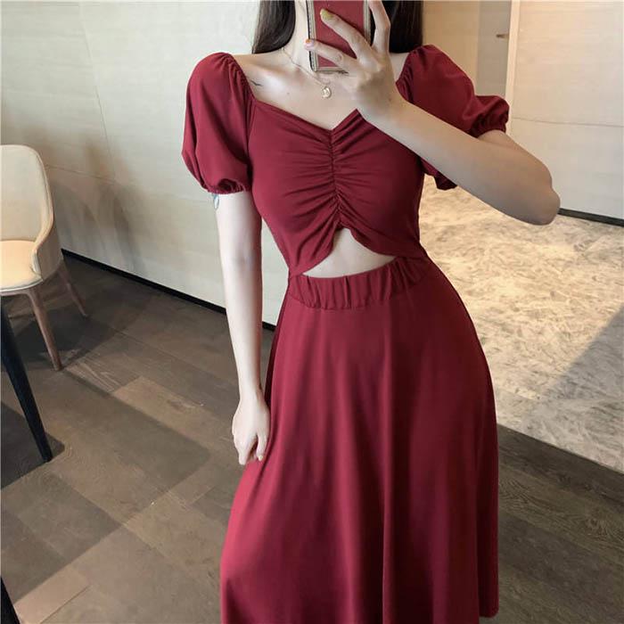 Pofulove Women Retro V-neck Short Sleeve Open Belly Dress Elastic High Waist Black Sexy Long Dress