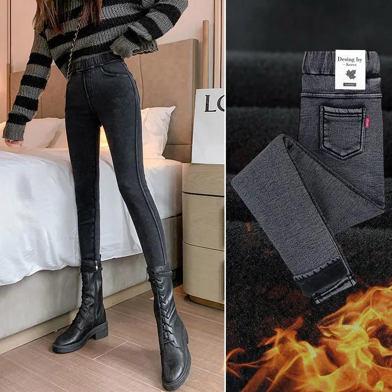 Snowflake Imitation Denim Plus Velvet Leggings for Women's Outer Wear for Autumn and Winter High Waist and Thin All-match Pencil Pants with Small Feet