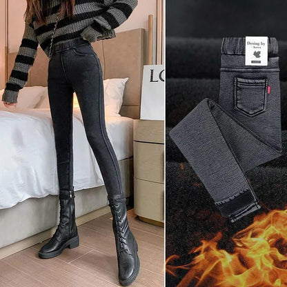 Snowflake Imitation Denim Plus Velvet Leggings for Women's Outer Wear for Autumn and Winter High Waist and Thin All-match Pencil Pants with Small Feet