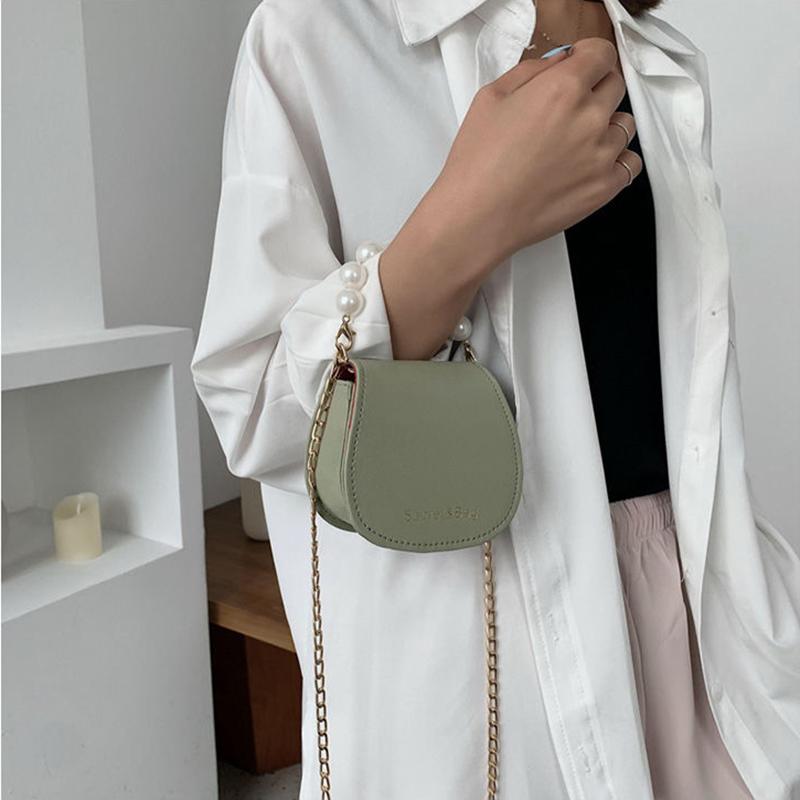 Women Mini Shoulder Messenger Bags Casual Female Crossbody Bags Portable PU Leather Big Pearl Metal Chain