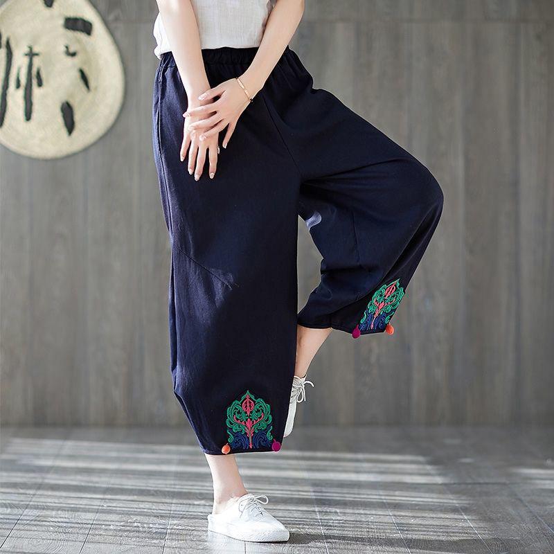 WTEMPO L-XXXXL Cotton Linen Pants Women Ethnic style Loose Elastic Waist Solid Color Casual Trousers