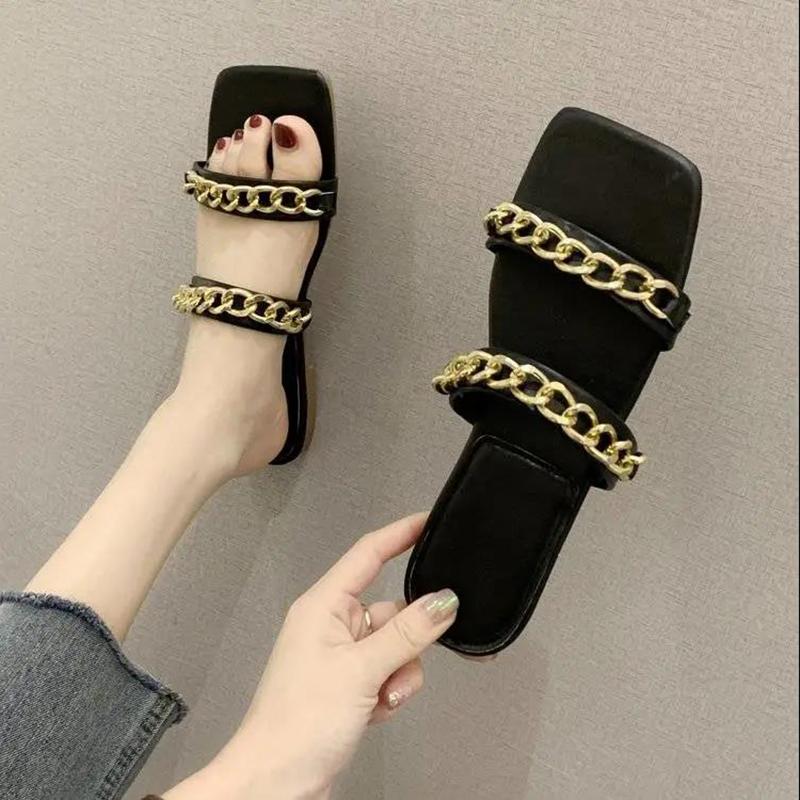 Slippers Women Summer Fashion Flat-bottomed Square-toed Sandals Korean Version All-match Student Non-slip