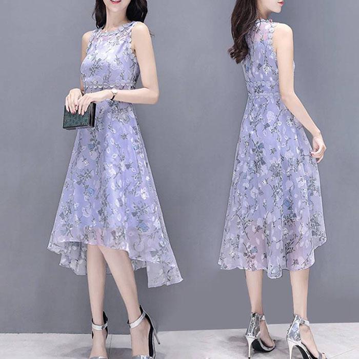 Pofulove S-2XL Women Summer Printed Floral Chiffon Dress Slim Sleeveless O-neck A-line Evening Dress