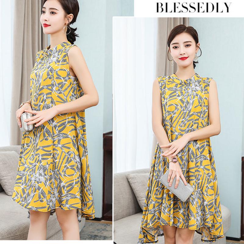 Women Cotton Silk Dress Summer Mother Sleeveless Mid-length Loose Large Home Night Skirt Beach Skirt