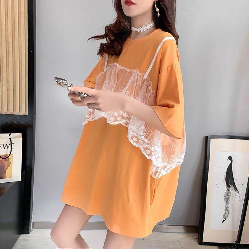 Lace Veil Women Dress Girl Loose O-Neck Loose Short Sleeve Casual Long T-shirt Dress