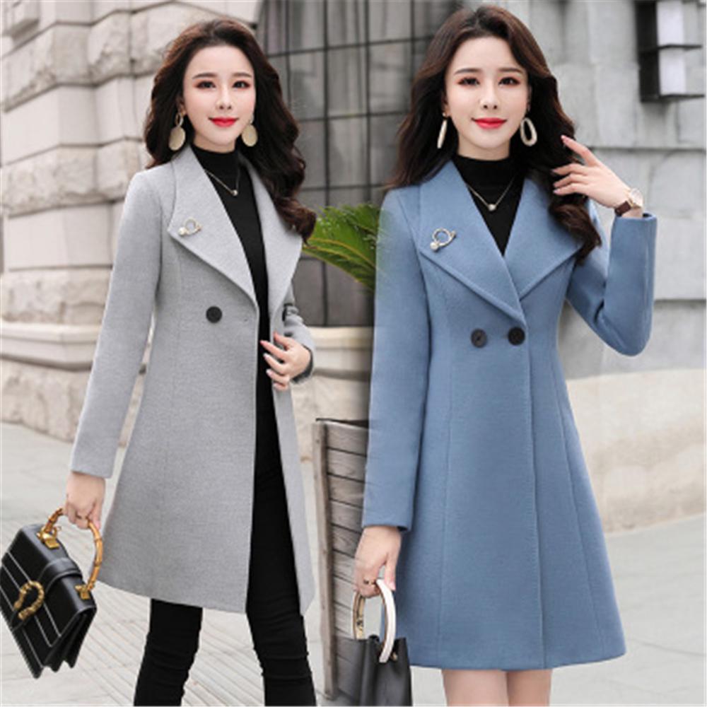 Women Long Woolen Coat Autumn and Winter Lapel Long Sleeve Pure Color Female Woolen Jacket