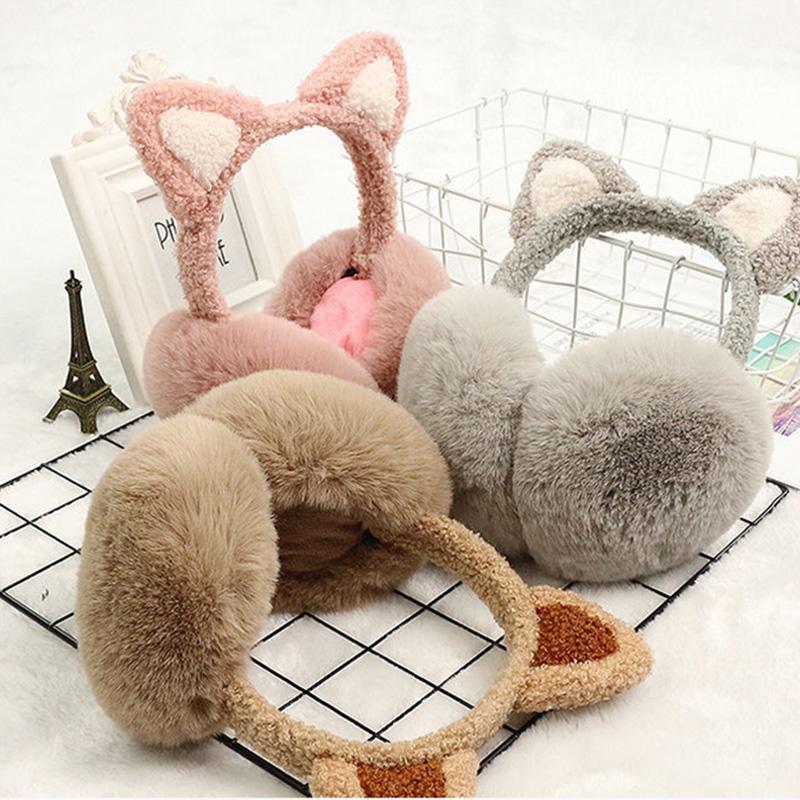 Women's Cute Cat Ears Foldable Earmuffs Korean Style Plush Ear Muffs Thickened Cold-proof Cartoon Earflap Winter Plush Ear Pad Cover Ear Protection