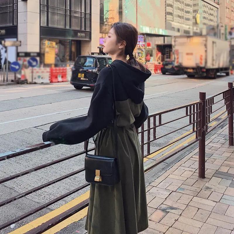 S-XXL Mid-calf Sweater Dress with Belt Women Spring and Autumn Plus Size Hooded Long Sleeve Loose Dress Thicken Cotton