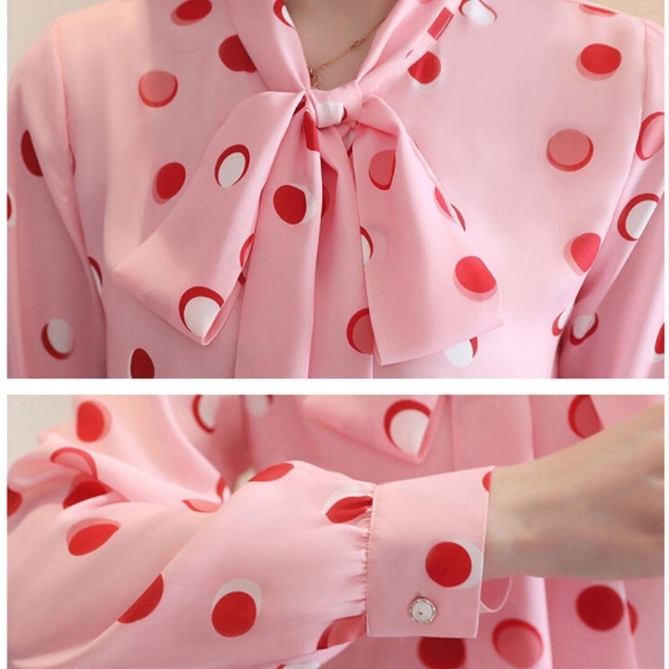 Korean Women's Long-sleeved Chiffon Shirt Lace-up Bow Women Blouse Lady Long Shirt Plus Size Casual Women Chiffon Blouse Puff Sleeve Blouse