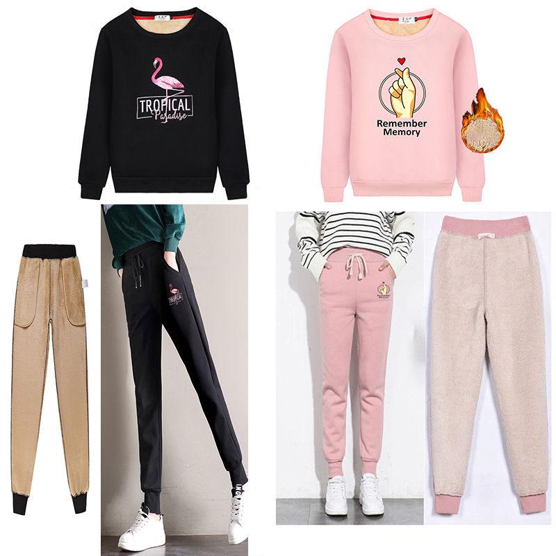 2pcs/set Women Fleece Liner Sweatshirt Tracksuit  Winter Casual Loose Jumper Plus Size  Outfits  Outwear