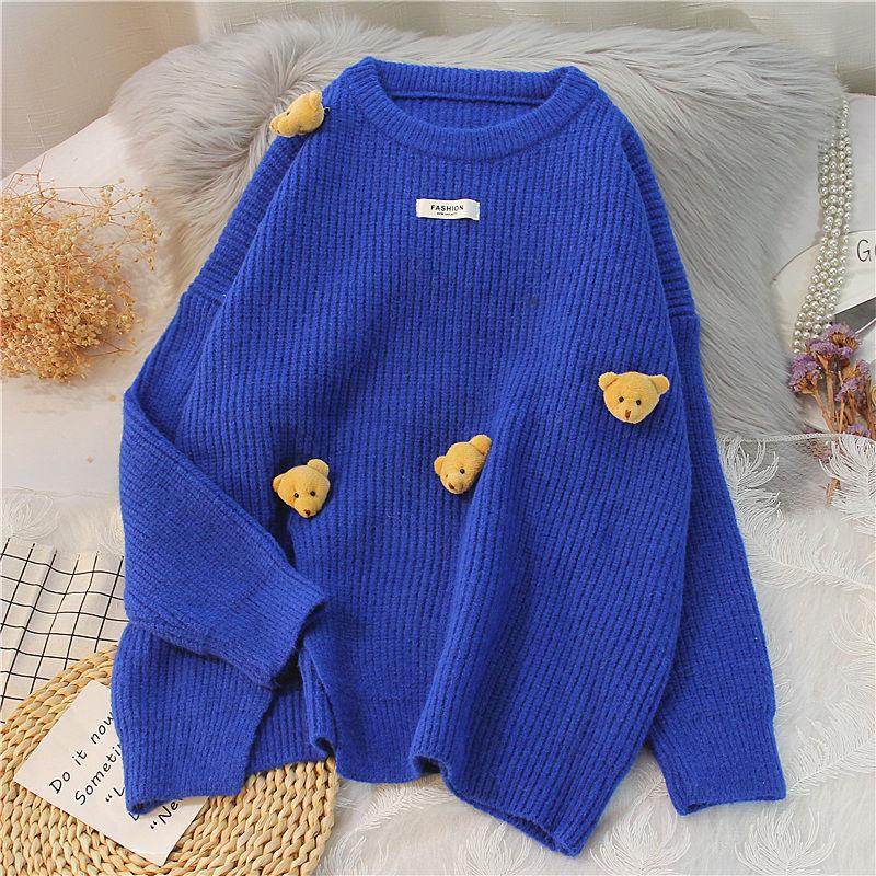 Bear sweater women's pullover loose autumn and winter new solid color loose thick wool sweater coat outer wear