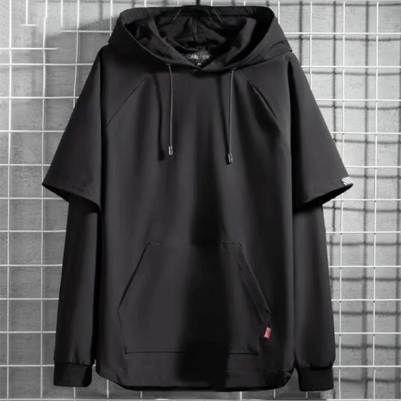 Fleece Sweater Men's Korean Loose Hooded Sweatshirts Fake Two Winter Long-sleeved Black Pullovers