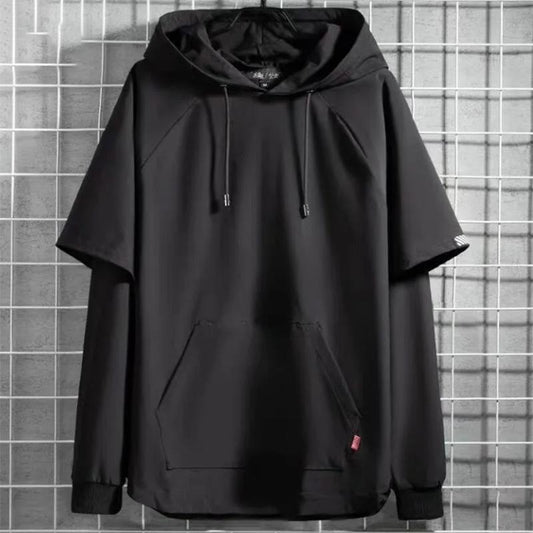 Fleece Sweater Men's Korean Loose Hooded Sweatshirts Fake Two Winter Long-sleeved Black Pullovers
