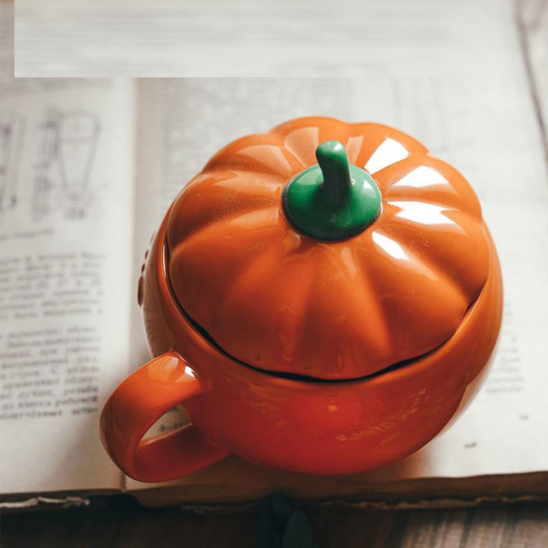 Cartoon Cute Ceramic Pumpkin Cup with Lid Breakfast Cup Dessert Soup Cup Oatmeal Cup Student Water Cup Mug