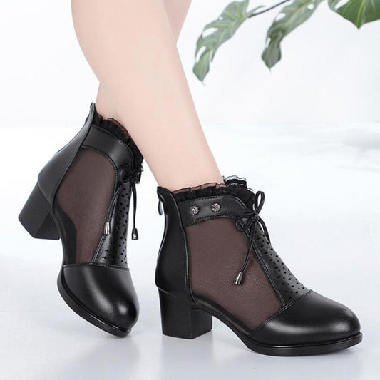Summer Sandals Women's Mesh Mid-heel Thick with Baotou Fish Mouth Single Shoes Versatile Hollow High-heeled Ladies Cool Boots