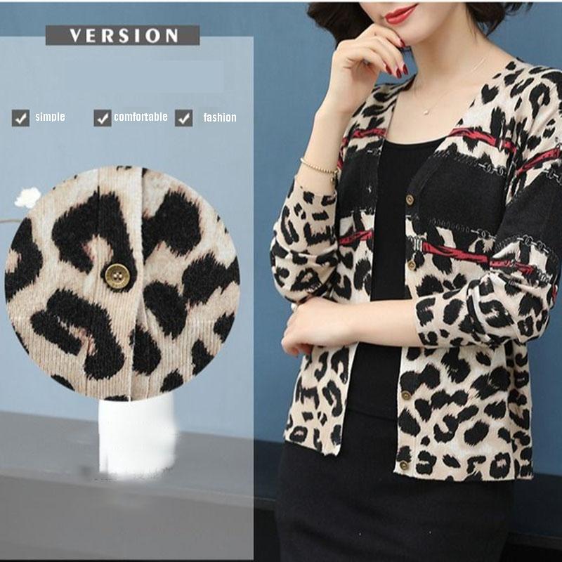 Women's Printed Wool Cardigan Thin Knitted Leopard Cardigan All-match Short  V-neck Knit Jacket Outwear