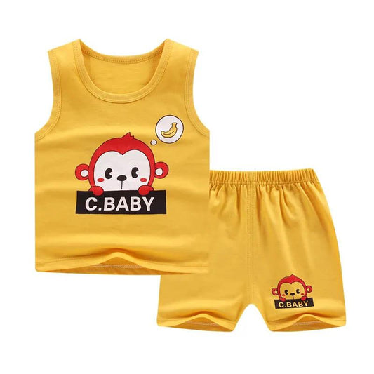 Children's Vest Set Cotton Comfortable Sweat-absorbing Breathable Sleeveless T-shirt + Shorts Cute Printing Boys and Girls Summer Baby Two-piece Set