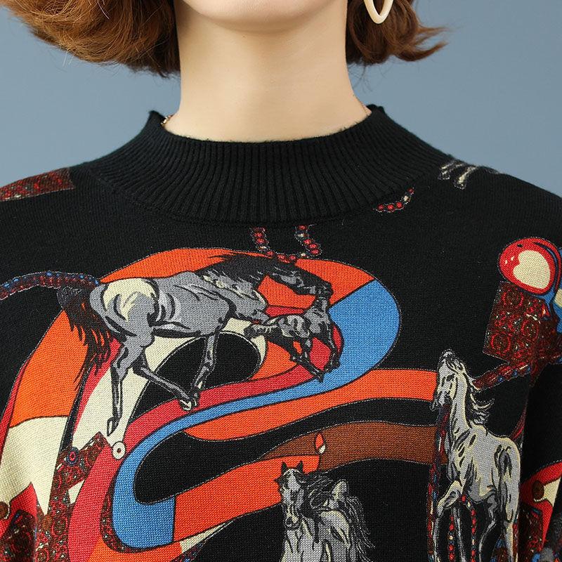 Long Printed Dress Autumn and Winter Calf-length Cardigan Loose Large Size All-match Knitted Pullover Sweater
