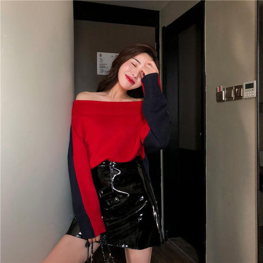 Ladies Sexy Off-shoulder Sweater One-shoulder Split Cross Color Matching  Knitted Sweater Thick Pullover Sweater Autumn Winter