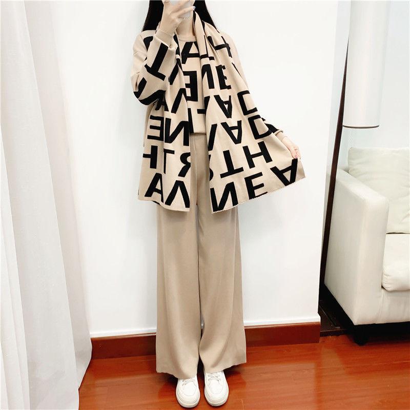 3pcs/set Knit Suit Women's Causul Letters Printed Knitted Sweater + Scarf+Knitted Pants 3 Piece Set Ladies Outfits Autumn Spring