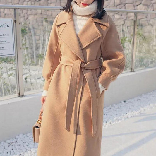 Autumn and Winter Woolen Coat Korean Style Fashion Waist Woolen Coat Women's Thick Large Size Mid-length Over-the-knee Coat