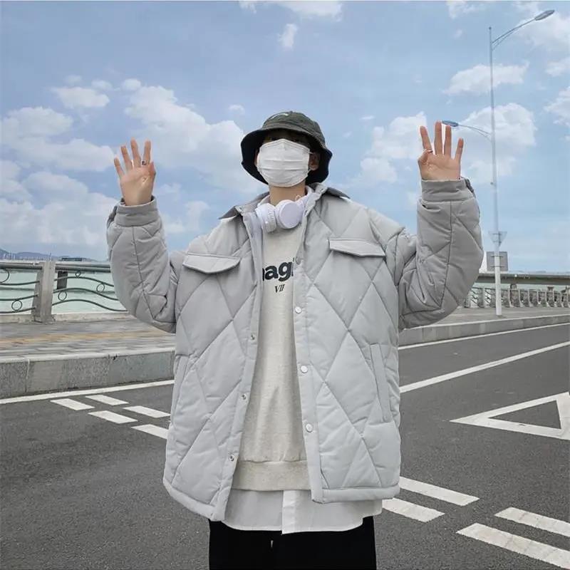 Workwear Cotton Men's Tide Brand Solid Color Stand-up Collar Cotton Jacket Diamond Lattice Warm Jacket Cotton Jacket Men