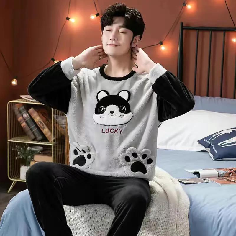 Cartoon Bear Couple Pajamas Suit Men Home Clothes Tops and Pants Ladies Winter Cashmere Warm Homewear
