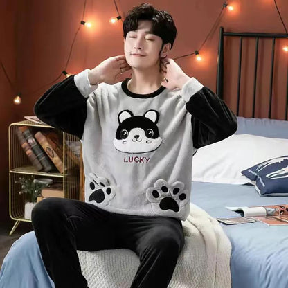 Cartoon Bear Couple Pajamas Suit Men Home Clothes Tops and Pants Ladies Winter Cashmere Warm Homewear