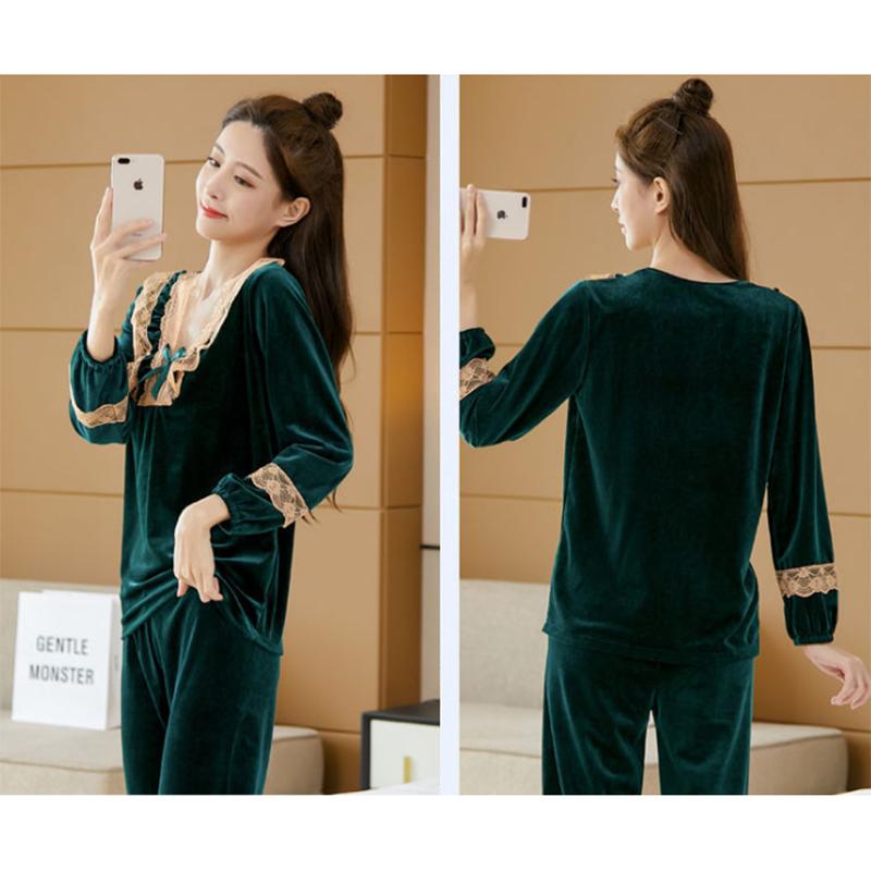 Women's Lace Bow Knot Gold Velvet Pajama Set V-Neck Solid Color Loose Comfortable Two-piece Set Out Wear Long Sleeves Nightgowns Sleeping Set