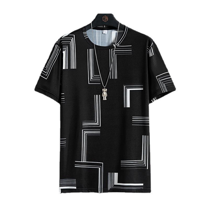 Men Ice Silk T-shirts Summer O-neck Short Sleeves Casual Shirts Oversized Geometric Graphic Print Tees Soft Breathable Cool Tops