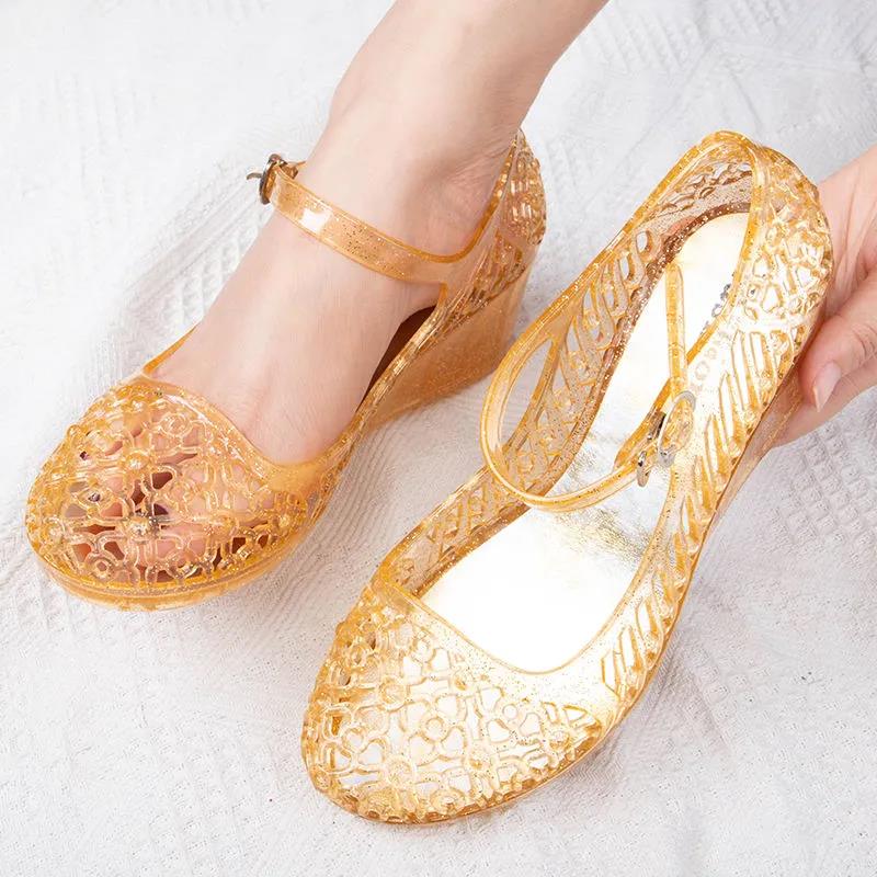 Sandals Women's Summer Baotou Slope with Non-slip Soft Bottom Breathable Hole Transparent Word with Crystal Jelly Shoes